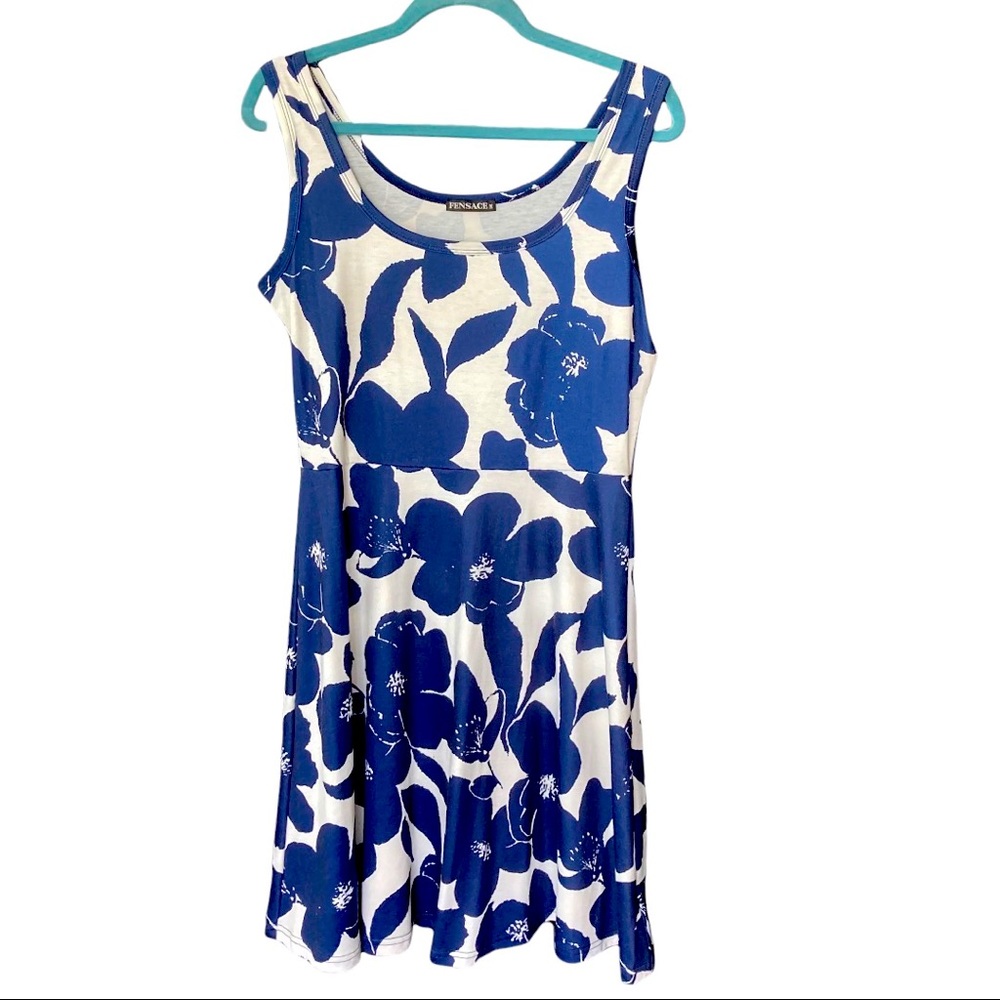 Fensace Scoop Neck Tank A line Dress Floral White Navy Blue Medium